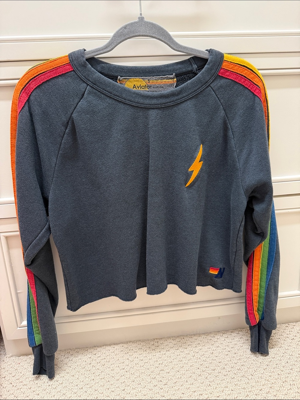 Aviator Nation - Women’s Charcoal Crewneck Sweatshirt with 5 Stripe